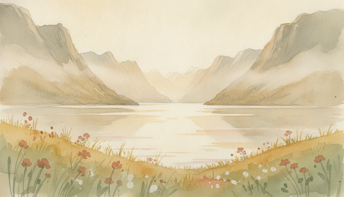 Akvarell av en norsk fjord tidlig om morgenen, med fjell som forsvinner i tåke og en eng med sommerblomster i forgrunnen.